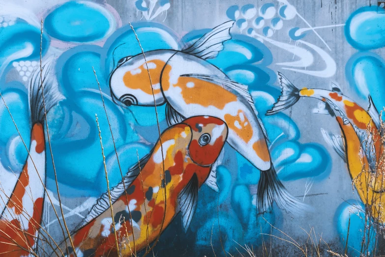 an artistic mural depicts goldfish and fish against a blue background