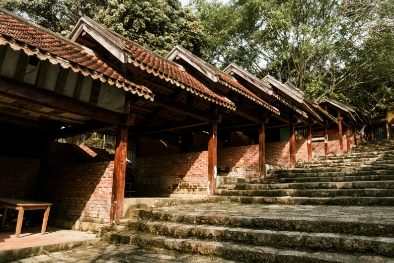 several brick houses on the steps leading up to the second story