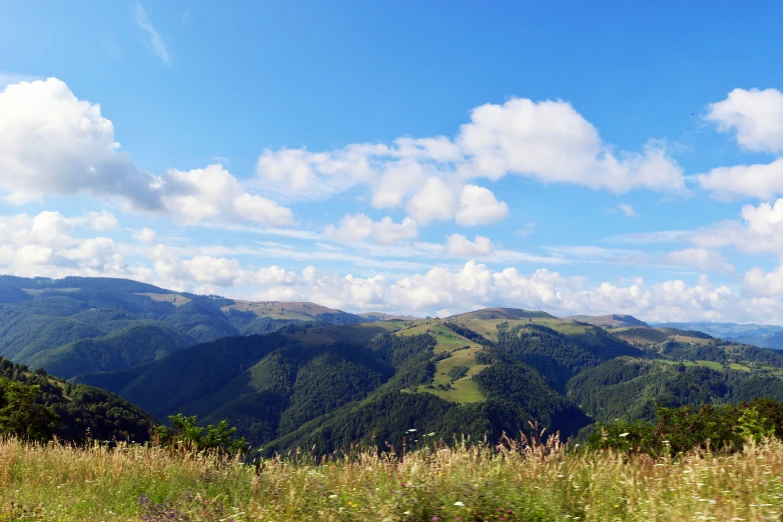 a mountain scene with a lush green valley