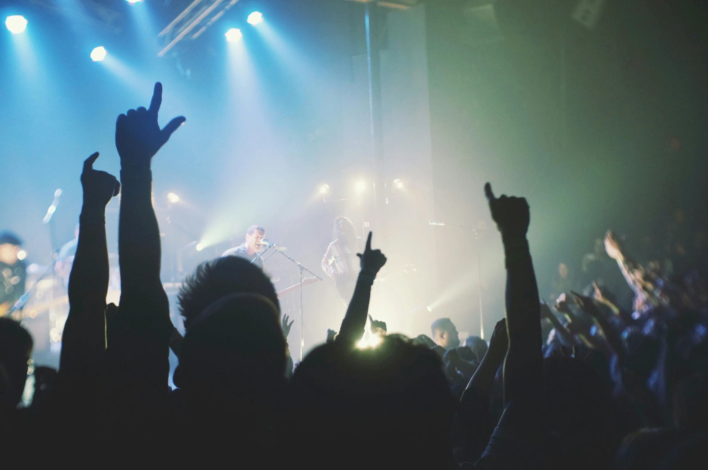 a crowd of people at a concert raising their arms