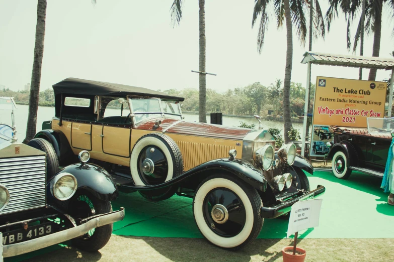 an antique car show is on display at the park