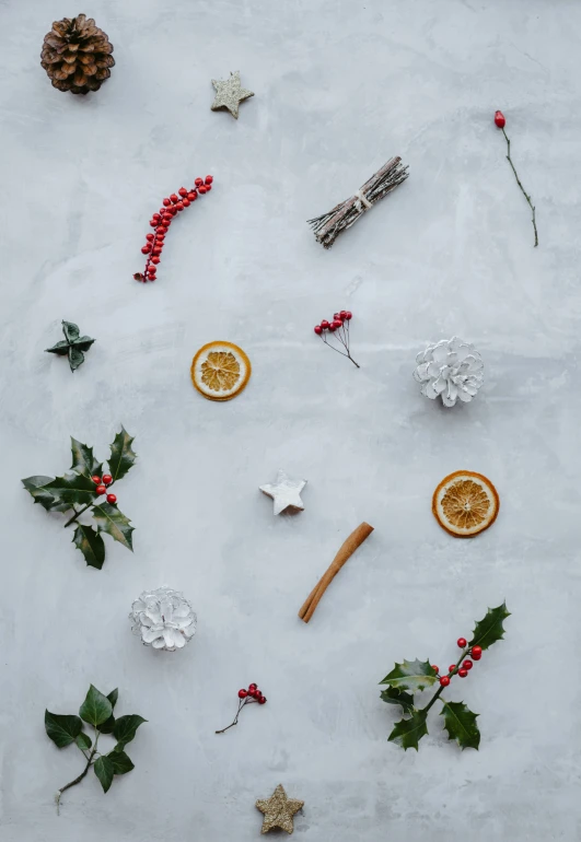 an arrangement of ornaments are laid out on a wall