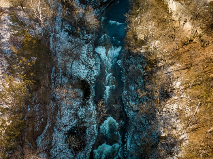 an aerial view of a river in the woods