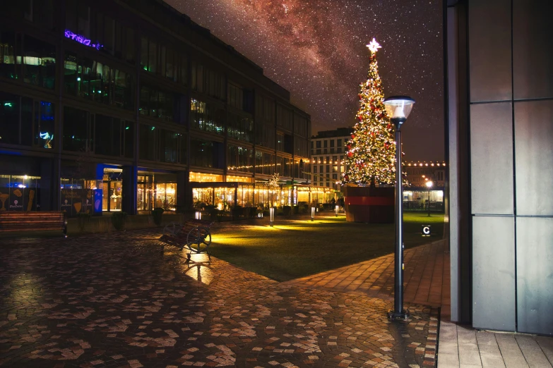 a lit up christmas tree next to a building