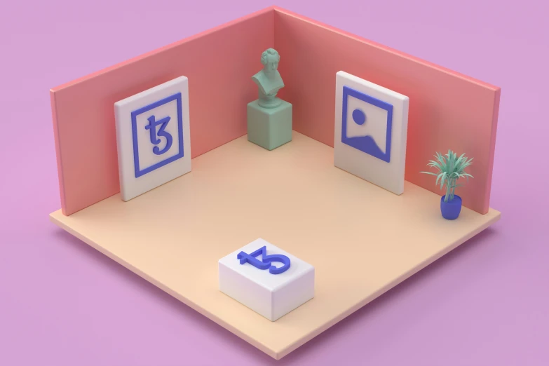 some cubes and a statue sitting on a pink surface