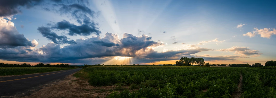 sun peeking through clouds and over green grass