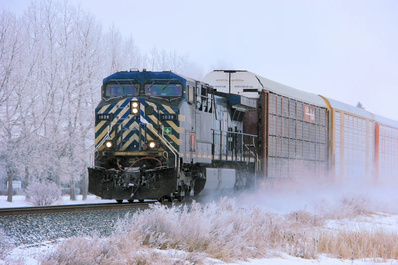 the train is making a very heavy turn as it moves through the snow covered field