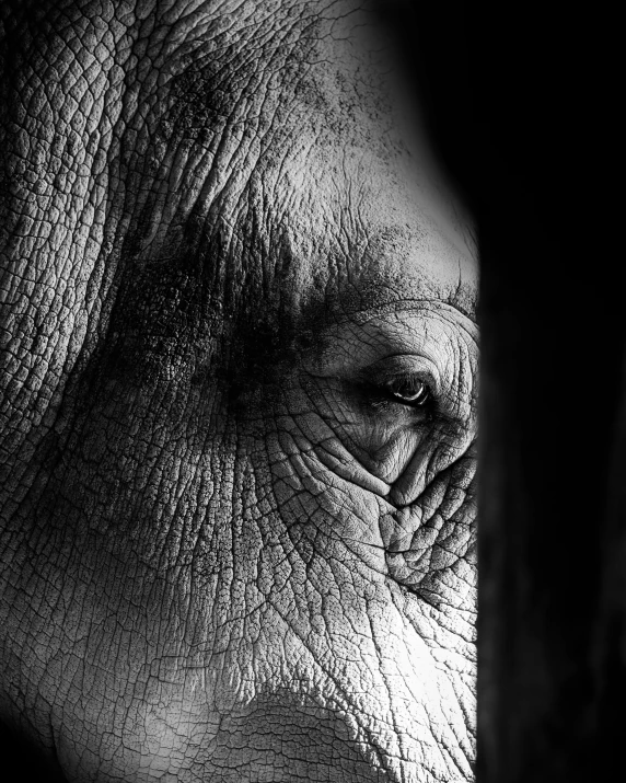 a close - up of an elephants eye on a dark background