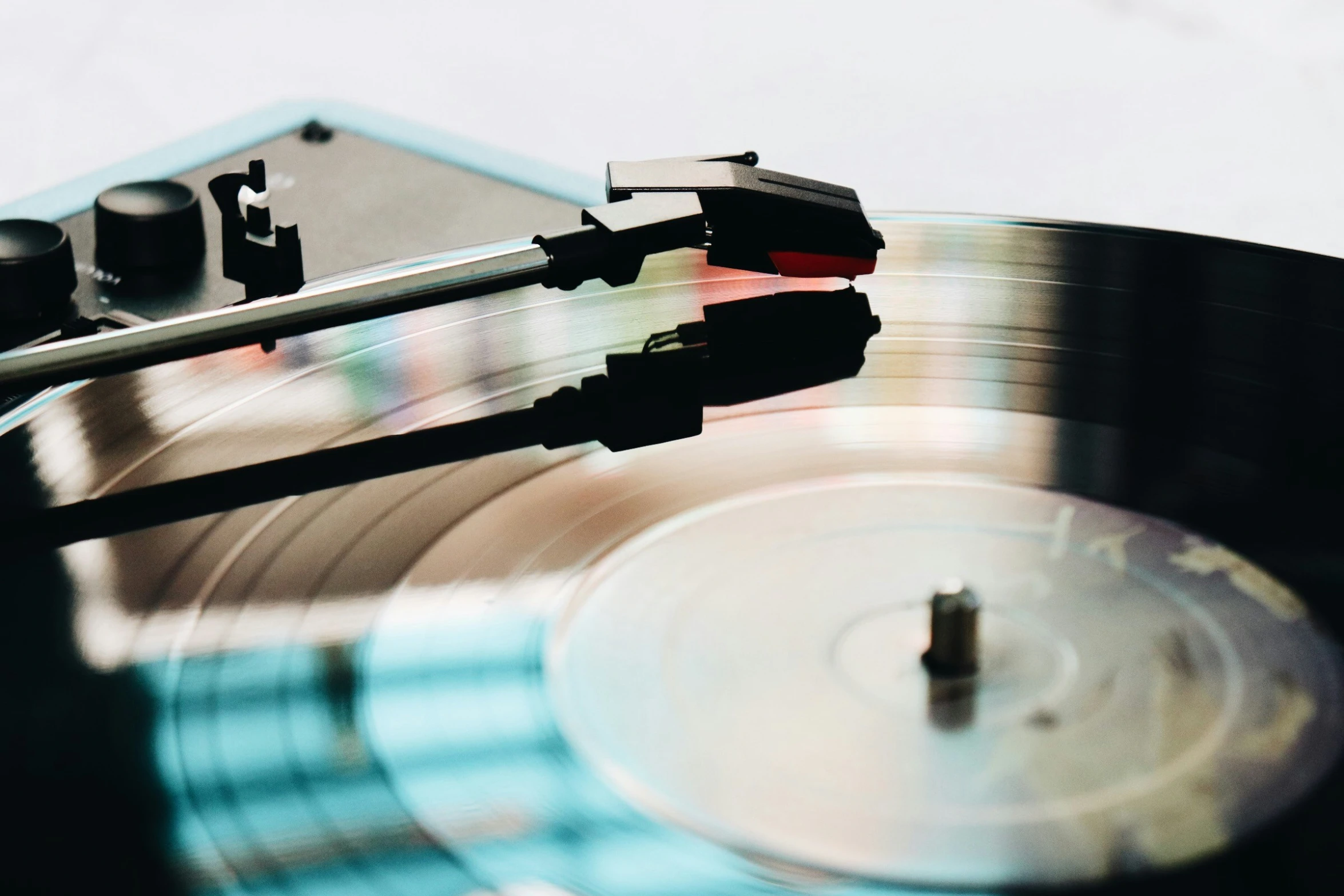 an up close view of an old record player