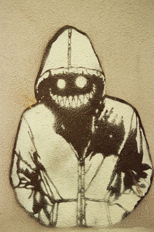 the drawing shows a hooded person wearing a skull mask and holding a baseball glove