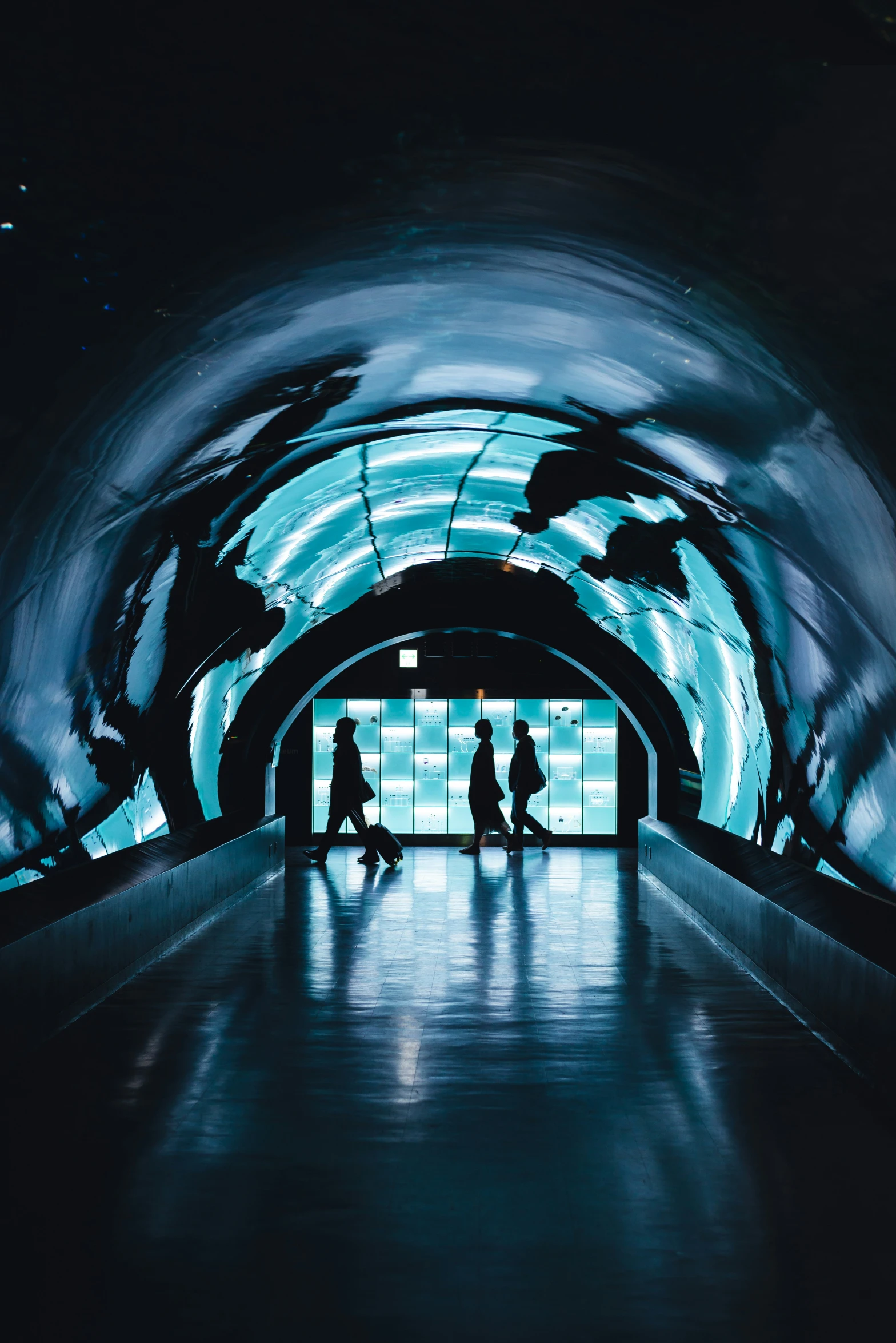 a couple of people are walking in the tunnel