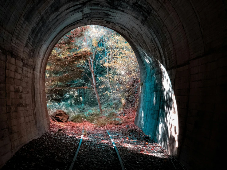 a tunnel that has a train on the tracks