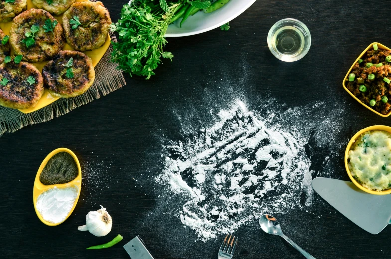 a number of dishes spread out on a table