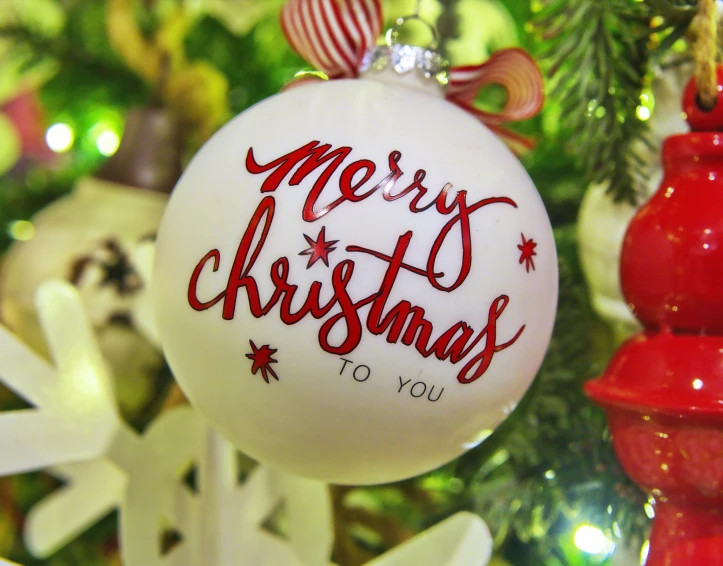 a red and white ornament is hanging from a christmas tree