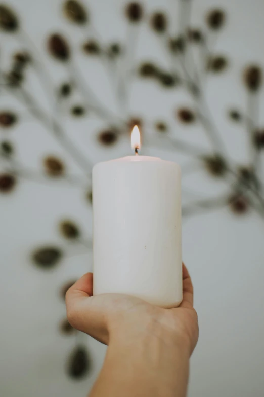 a white candle in the hand with some dry leaves