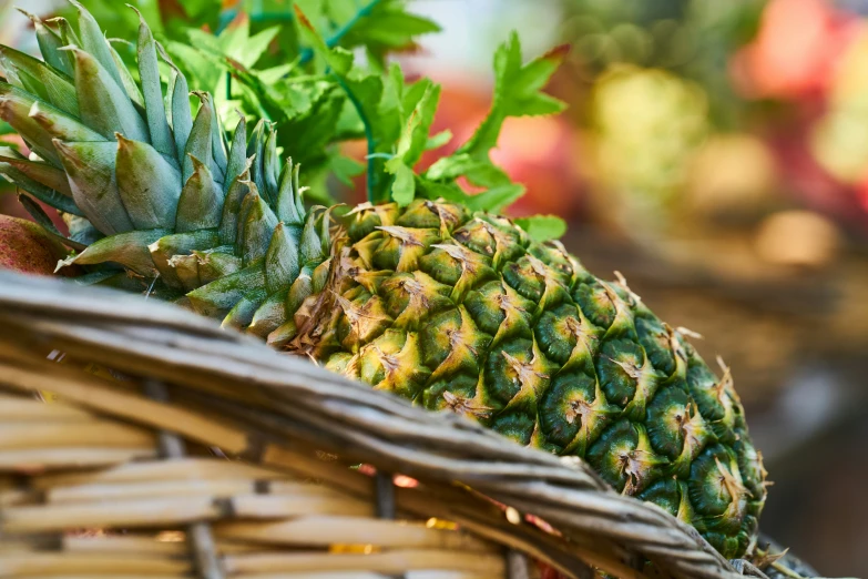 a basket that has a couple of pineapples inside