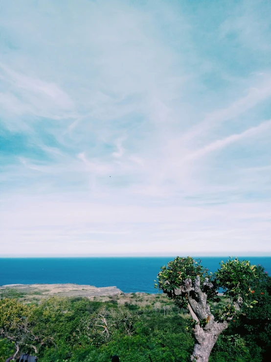 the people are sitting on the edge of a cliff overlooking the ocean