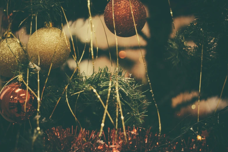 several ornaments hanging from the nches of a christmas tree