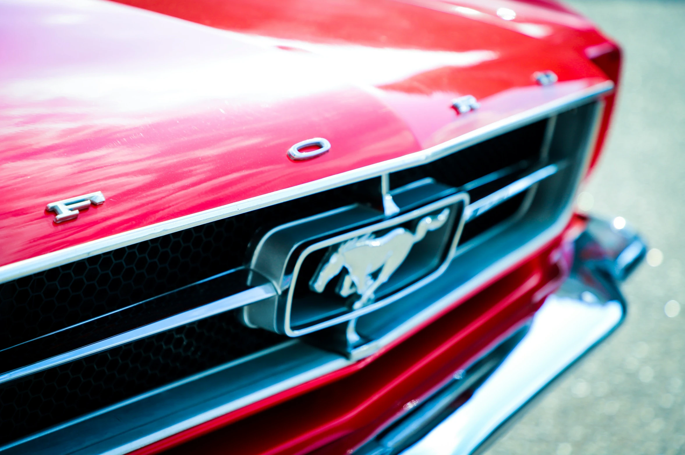 red mustang badge on the front of a red car