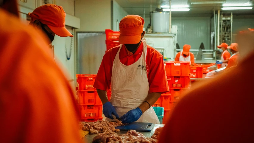 workers at the back of a warehouse preparing food