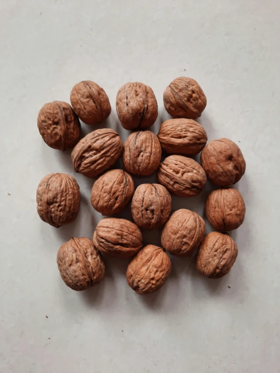 a large group of nuts on a light grey surface