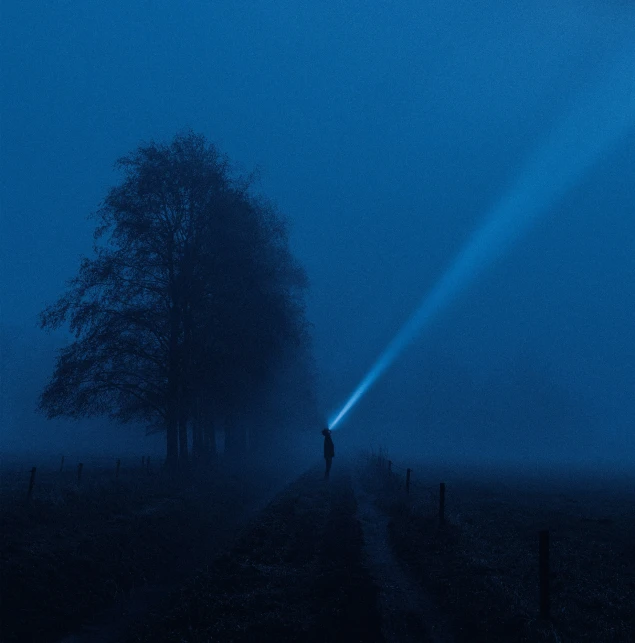 a single person standing in the fog of the night