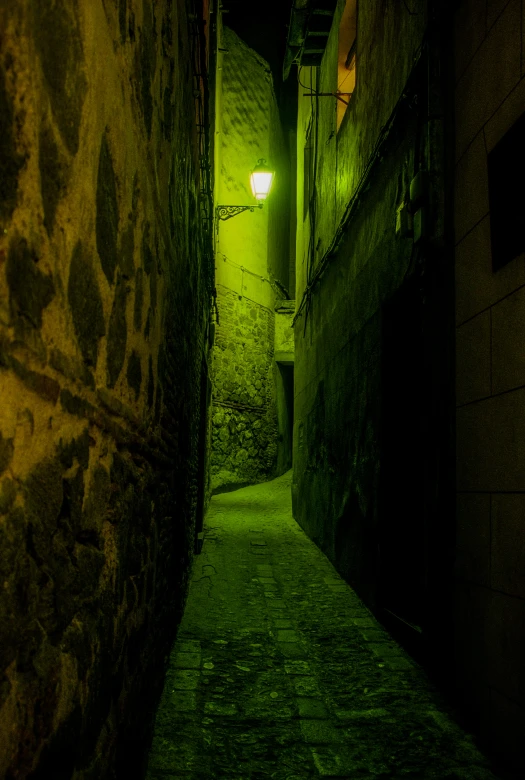 a narrow, dark alley with no light on the side