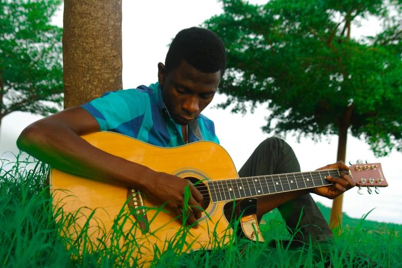 an image of a man sitting in the grass playing a guitar
