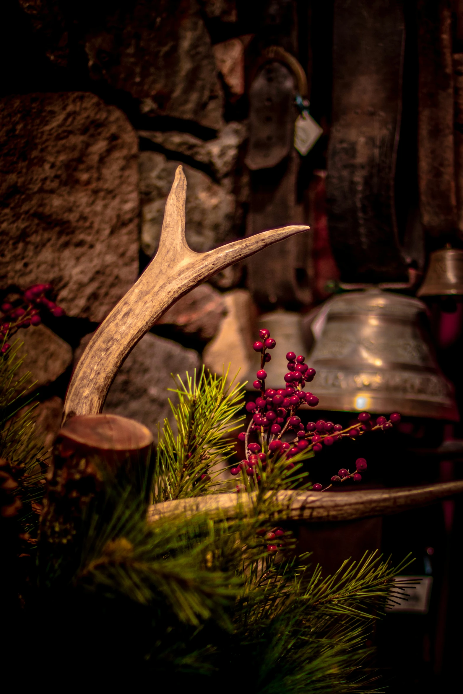 an antlers and christmas decorations on a table