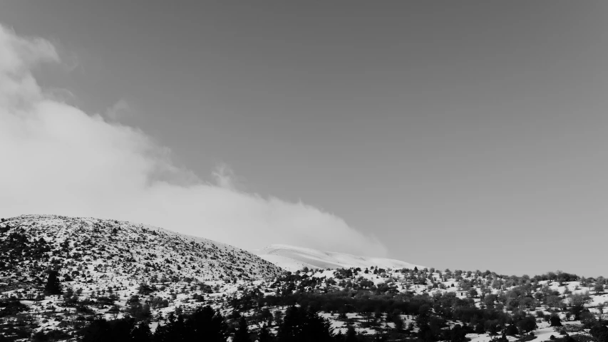 snow covered mountain tops with trees and clouds