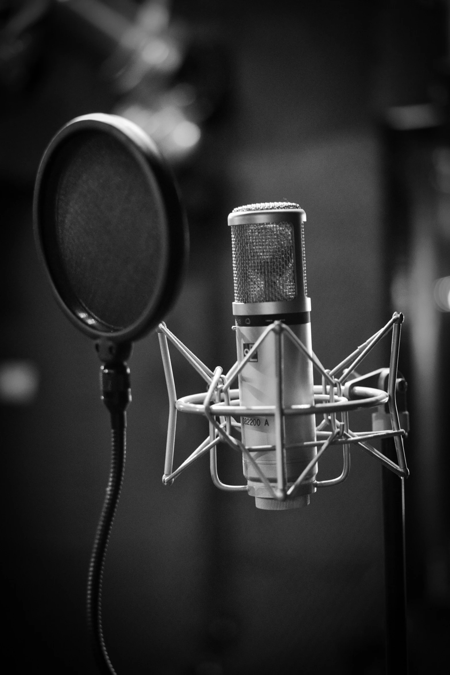 a microphone and a mirror in a black and white po