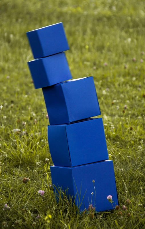 four blue blocks sitting in the grass together