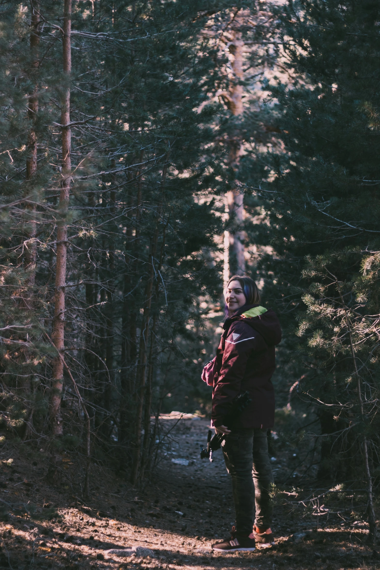 a person walks through a forest surrounded by trees