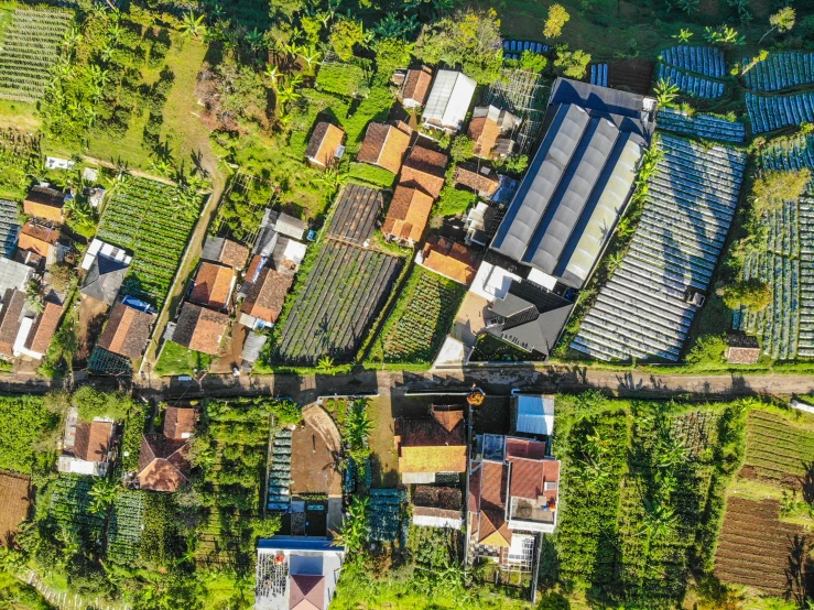 an aerial view of a rural farm area