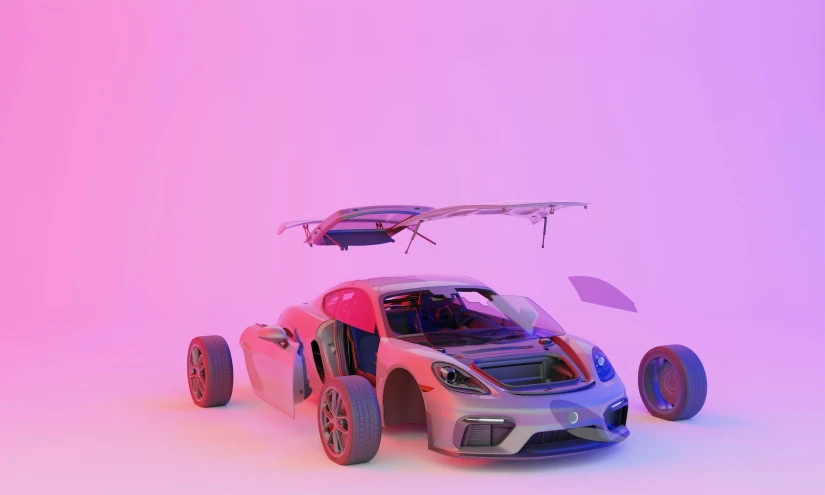 car on wheels and open door on pink background