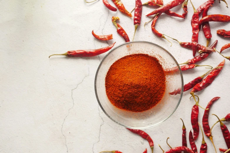 a bowl full of  spice sits on a table