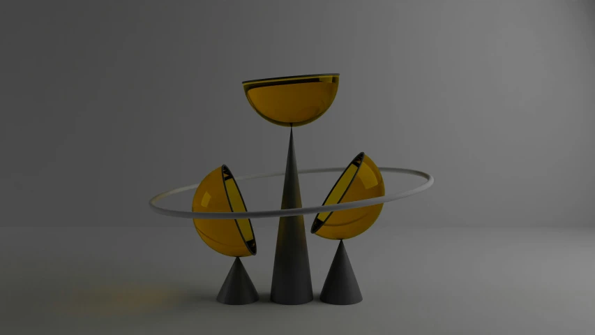 three decorative sculptures and two small tables in grey and yellow