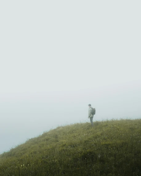 a lone person stands on a grassy hill with mist
