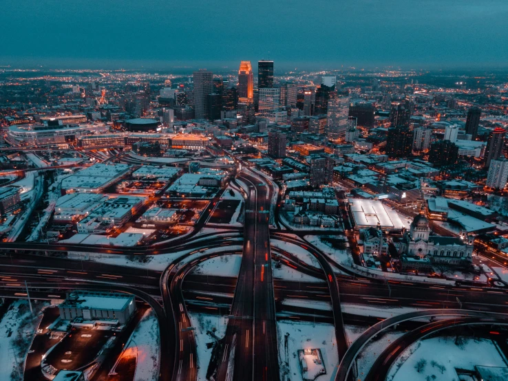 aerial view of freeway in winter with lots of traffic