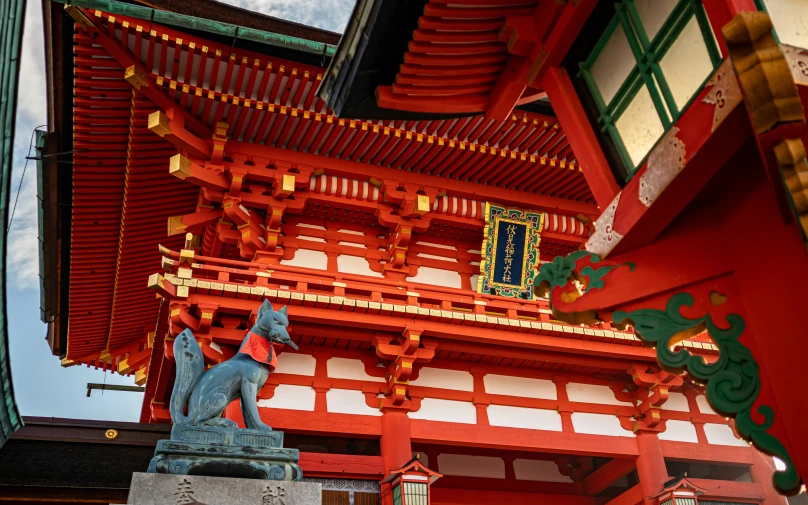 a statue of buddha sitting underneath a red building