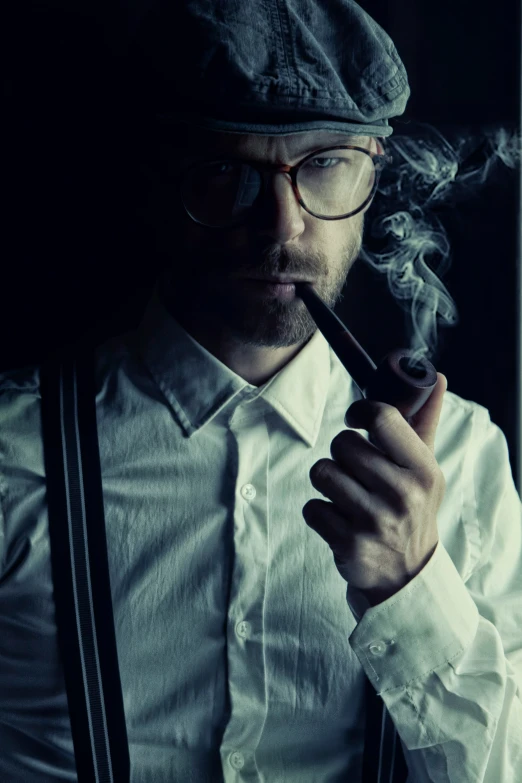 a man with glasses and a hat is smoking a cigarette