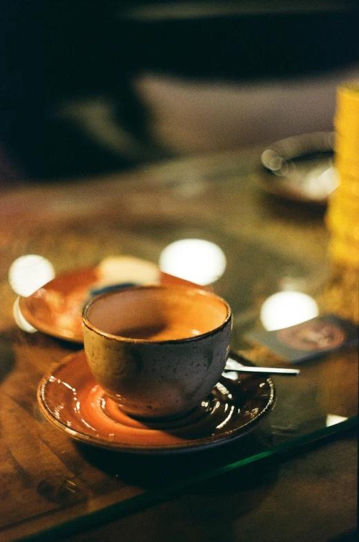 two cups with saucers sitting on a table