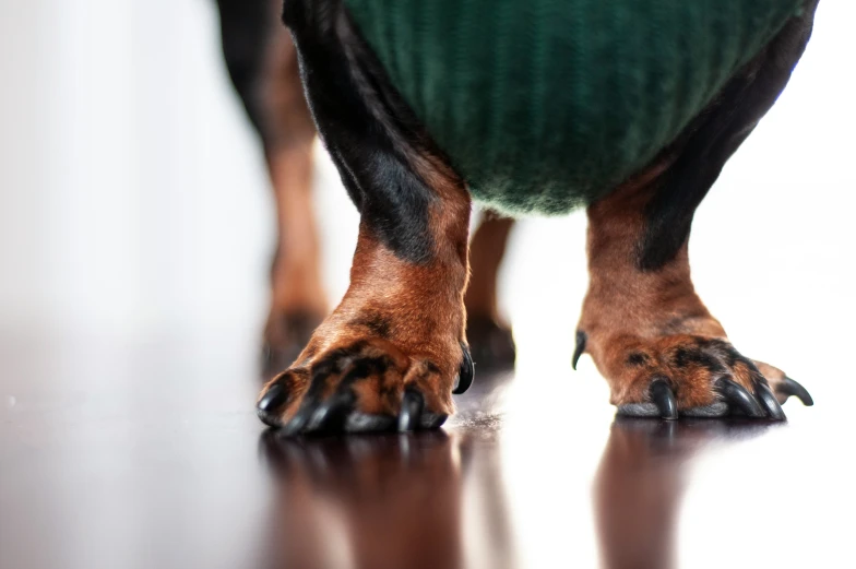 a dog's paws and toes are covered in green material