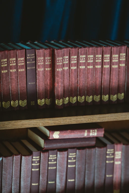 several rows of old books on a wooden shelf