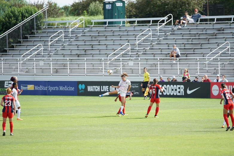 soccer players in red and white playing on a field