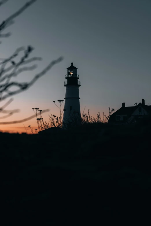 the silhouette of a light house is seen during the dusk