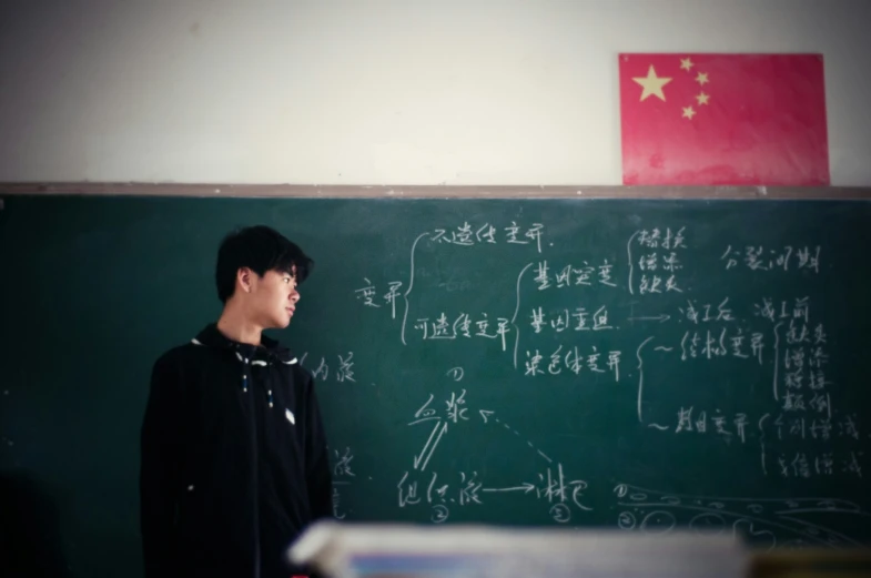 a young man standing in front of a green chalkboard