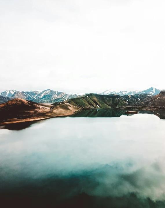 a lake surrounded by mountain range and cloudy sky