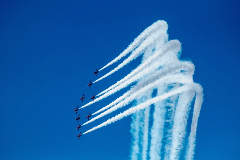 seven jets performing in formation in the sky