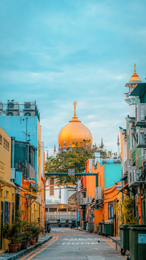 the buildings along this street have a dome on top